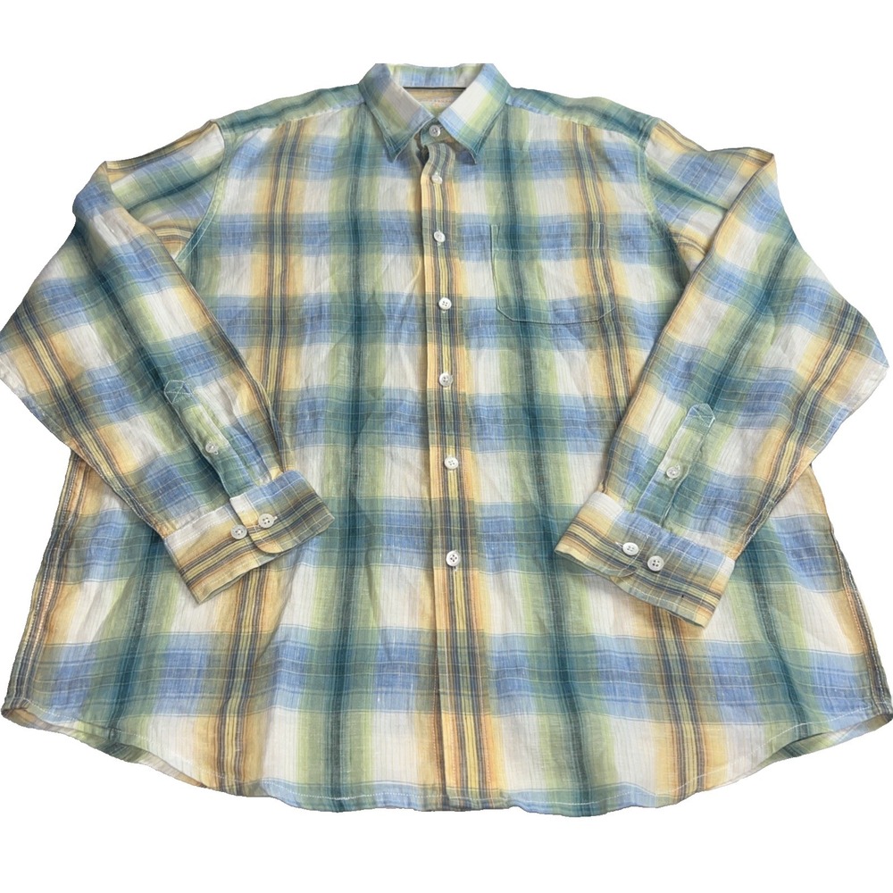 Indigo Palms Denim Company Men's XL  100% ‎ Linen Shirt Front Casual Plaid B36
